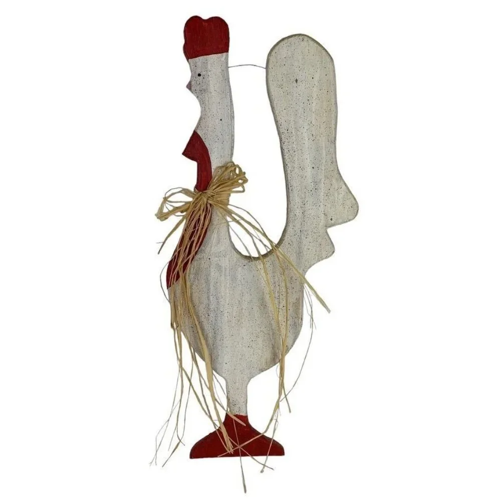 Handmade Tall Speckled Chicken Wall Hanging Raffia Bow Wood 22